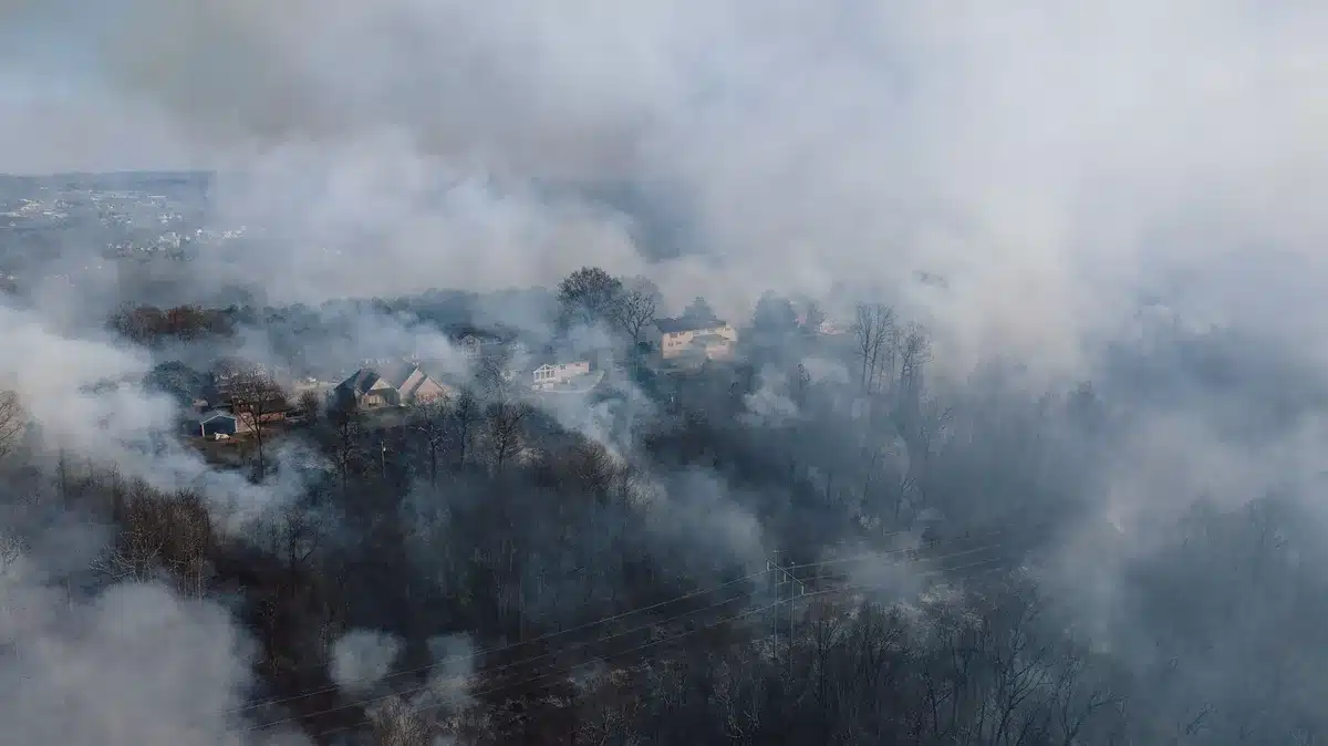 Vista aérea de terreno incendiado con humo y helicópteros de extinción sobrevolando el bosque