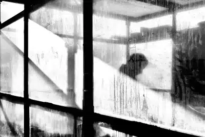Silueta de persona con manos en la ventana, expresando tensión y preocupación