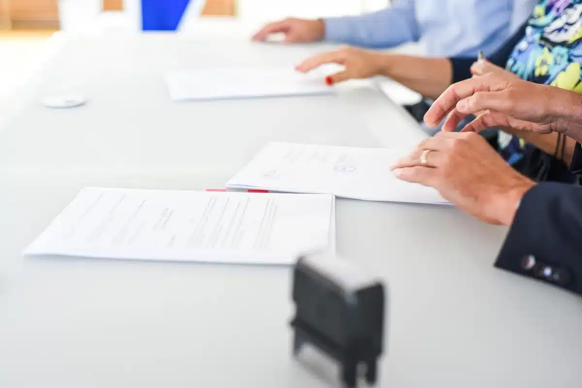 Documentos y personal de ONG revisando financiación y expedientes