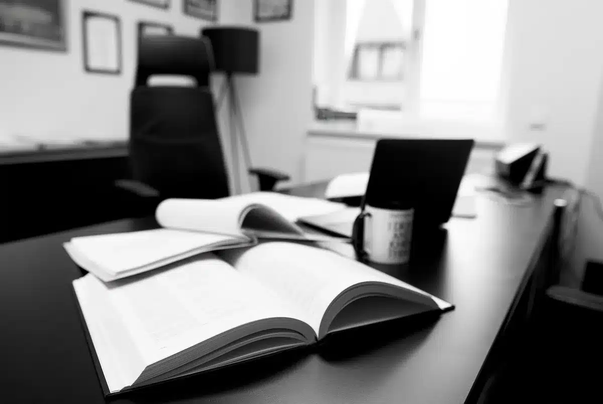 Libros de derecho y un mazo sobre un escritorio que sugieren credenciales legales