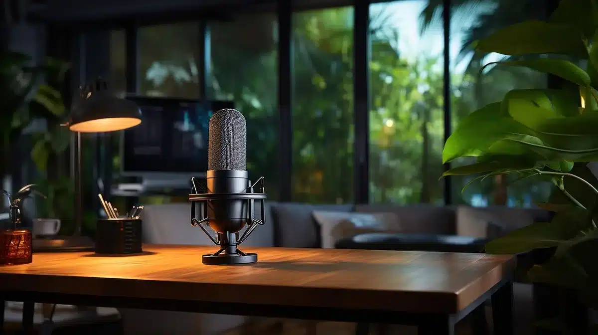 Micrófono y auriculares en un estudio de podcast que simbolizan fragmentos difundidos en redes